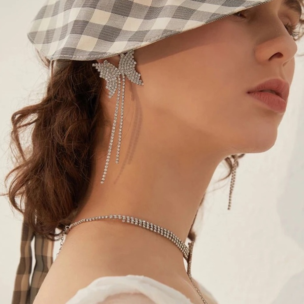 Silver Dangling Crystal Butterfly Earrings